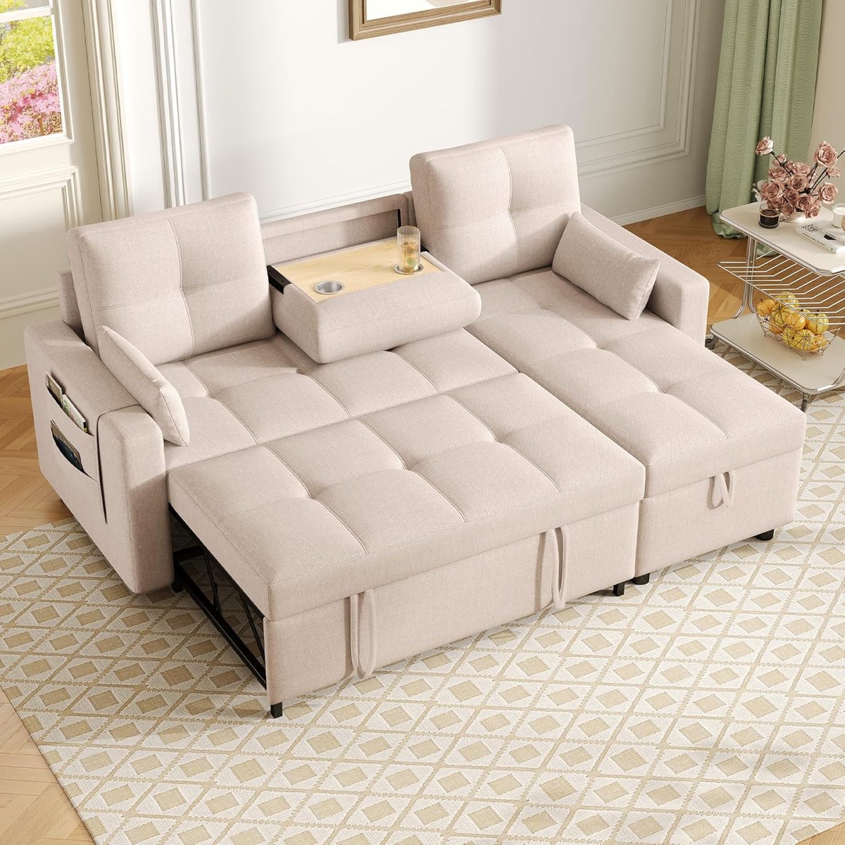 Luxe Modulaire L-Vormige Slaapbank met Uitschuifbed, Opbergruimte en Bekerhouder 211 x 136 x 87 cm