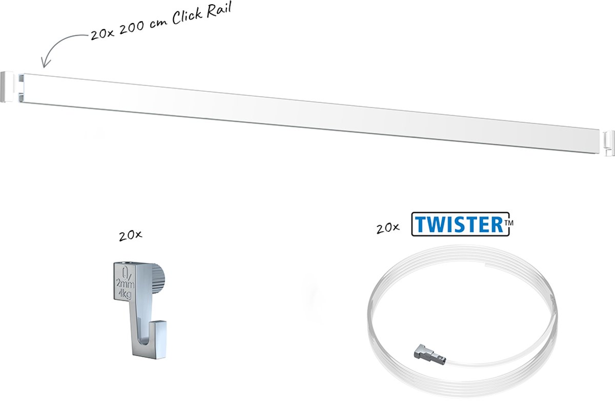 Artiteq Click Rail Schilderij Ophangsysteem 40 meter - Complete Set - Inclusief haken, draden en bevestigingsmaterialen - Wit primer RAL 9016 - 4 kg/m
