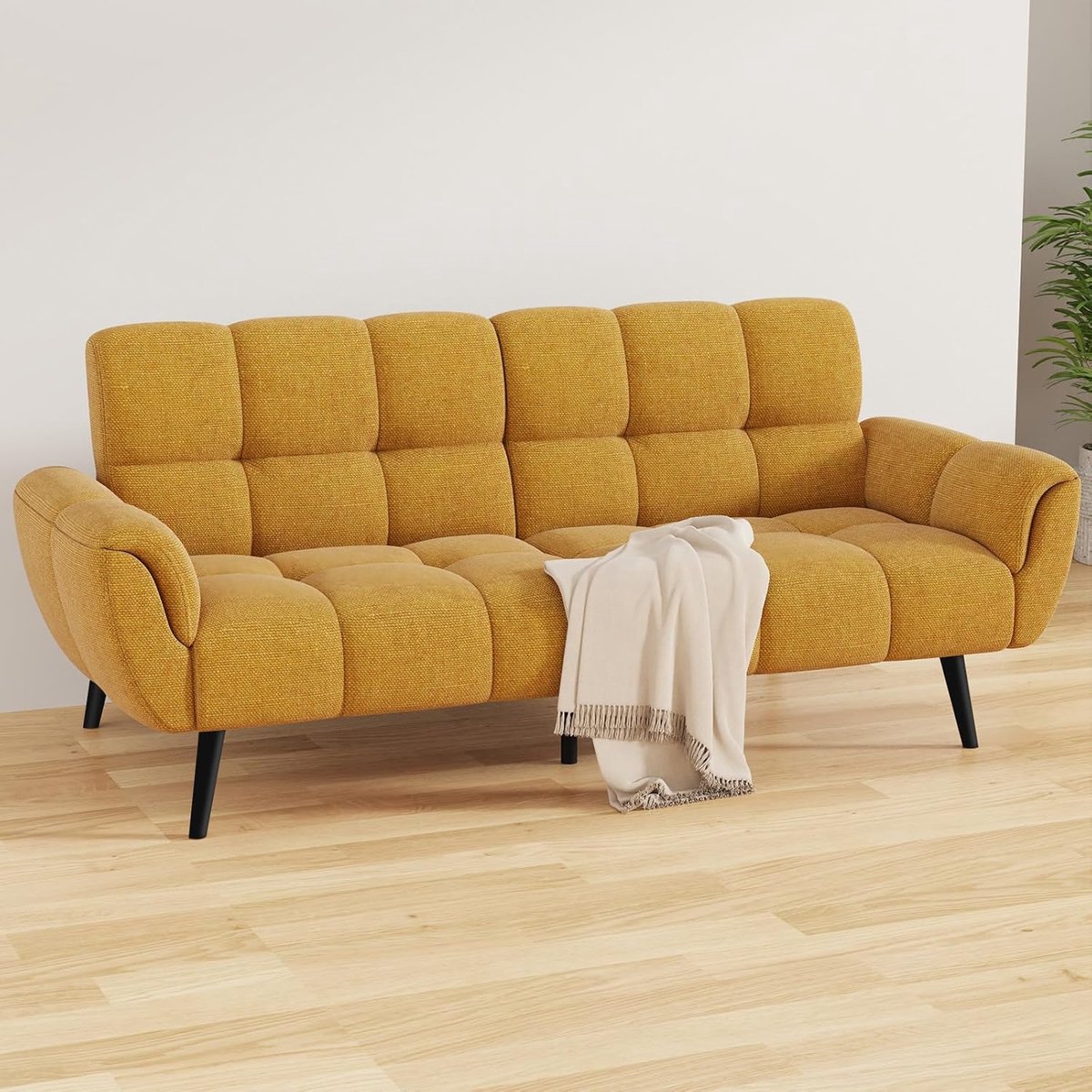 3-zits slaapbank met slaapfunctie 195 x 85 cm – inklapbare klapbank met 3 verstelbare standen – modern linnen design geel – comfortabele bankbed voor woonkamer, kantoor en slaapkamer HomebyNicole