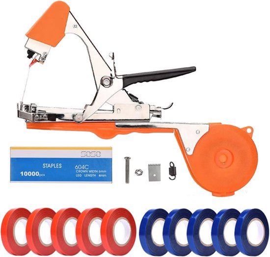 Bindtang met oranje en zilverkleurige details, met doos nietjes, schroefjes en 10 rollen rode en blauwe bindtape.
