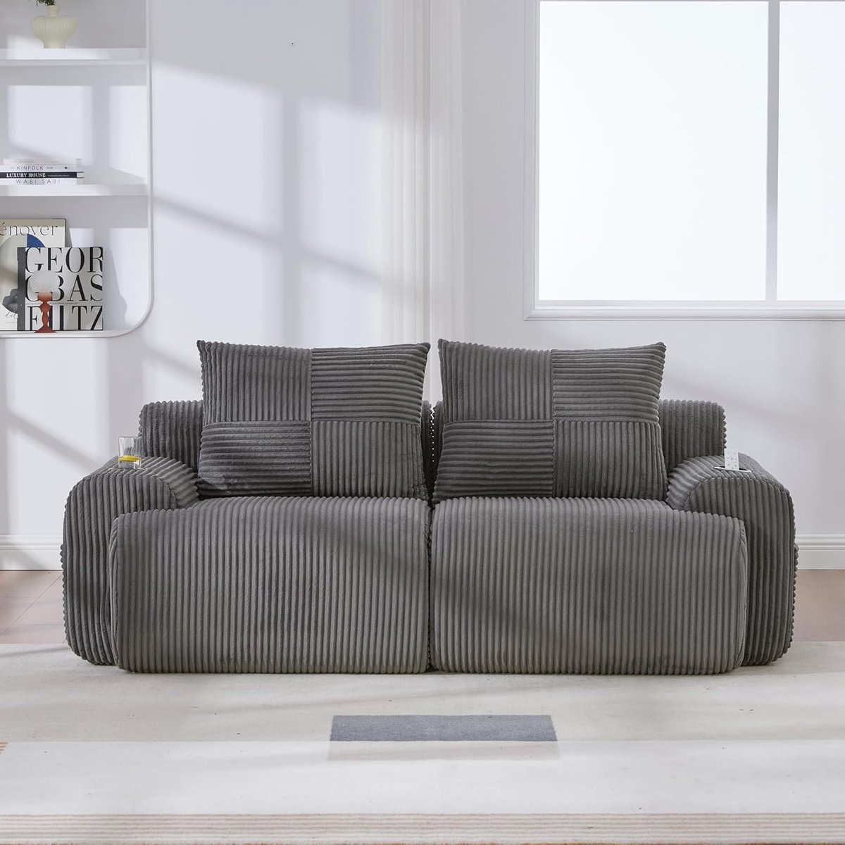 Luxe Corduroy Modulaire Tweezitsbank met Bekerhouder en Opbergvak 200 x 80 x 99 cm - Donkergrijs