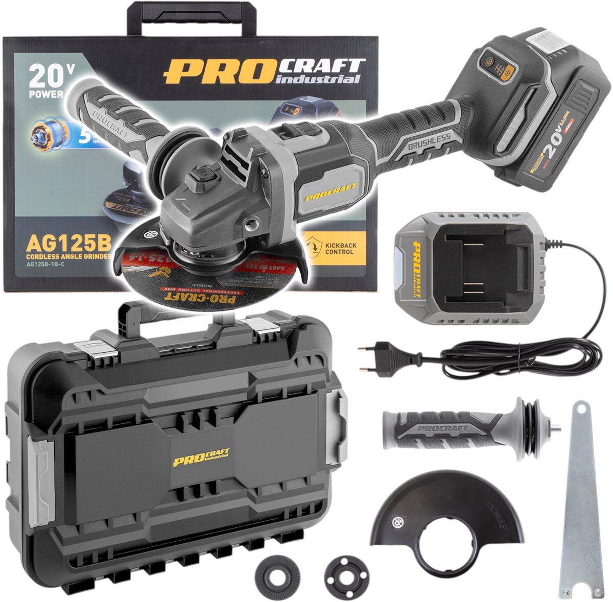 Procraft Industrial AG125B-CD accu haakse slijper 20 V 125 mm borstelloos + 1x accu 4,0 Ah + oplader + koffer