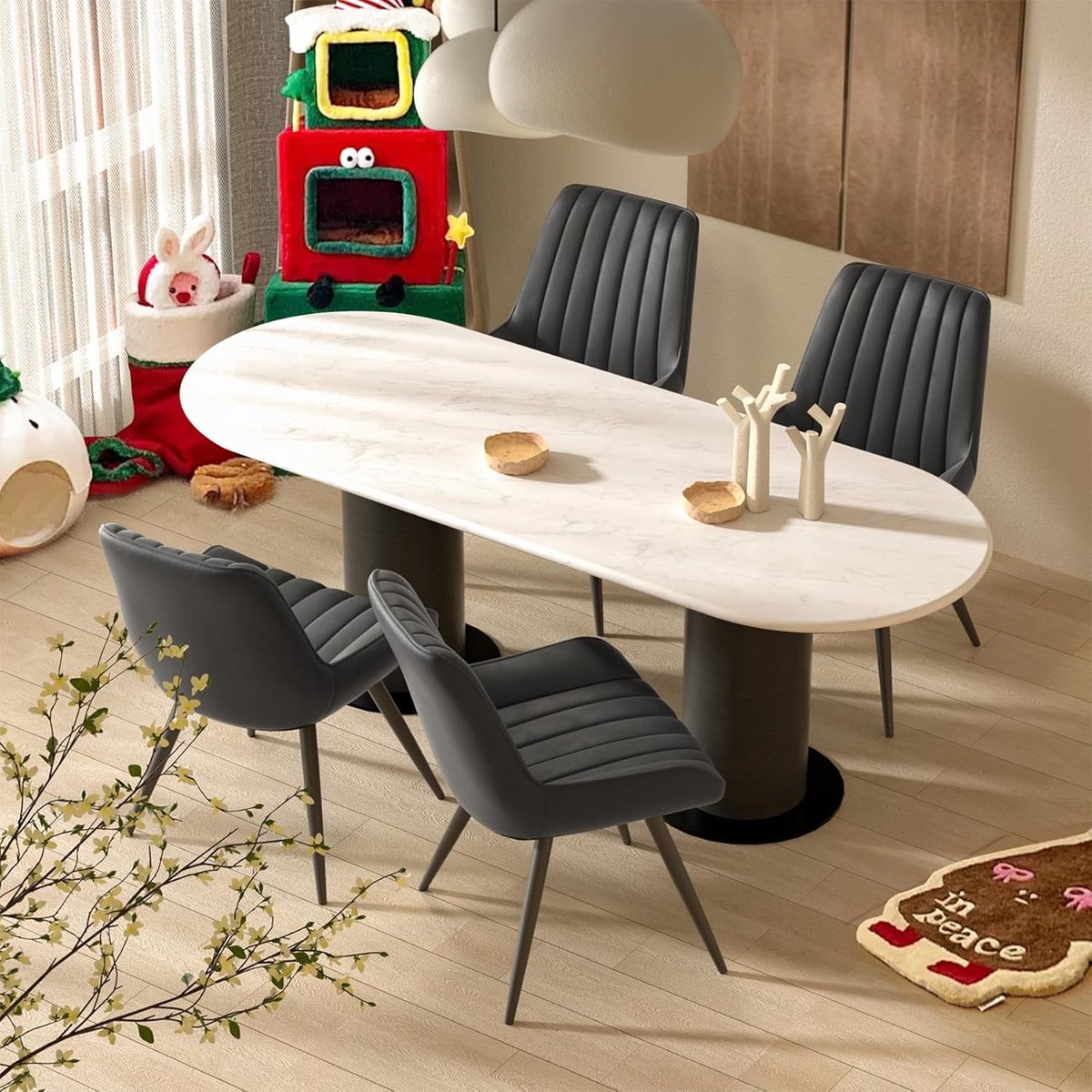 Eetkamerstoelen Set van 4 46,9x52x83,2 cm – Kunstleren Gestoffeerde Stoelen met 10 cm Zitkussen, Ergonomische Rugleuning, Metalen Poten Houtlook, Modern Design – Zwart – HomebyNicole