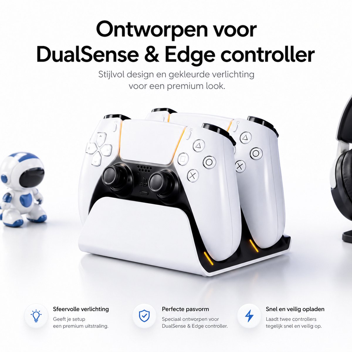 Sounix Oplaadstation geschikt voor PS5 / PS5 Slim / PS5 PRO / DualSense Controller - PS5 accessoires - Dual Oplader - Charging Dock - Wit – foto 8