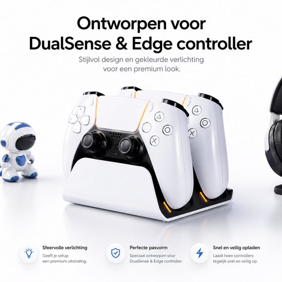 Wit oplaadstation met twee controllers, oranje accenten en sfeerverlichting.