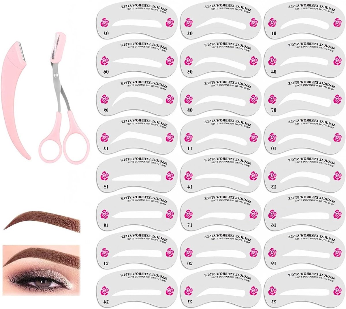 Set van 24 wenkbrauwsjablonen, eyeliner sjablonen en twee wenkbrauwvormers voor perfecte wenkbrauwen, inclusief wenkbrauwstempels in verschillende bruintinten