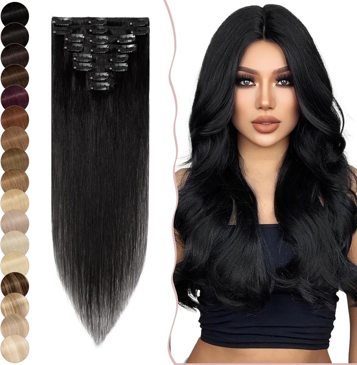 Clip-In Echte Haar Extensions, Zijdezacht Steil Haar, 8 Strengen, 100% Remy Menselijk Haar, Dun, 45 cm (70 g), Zwart, Haarverlenging, Natuurlijke Look, Gemakkelijk te Bevestigen