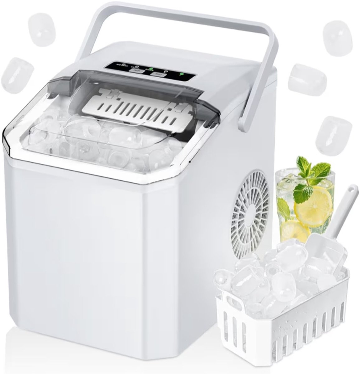 BIXc IJsblokjesmachine 9 ijsblokjes in 6 minuten 15 kg in 24 uur 2 formaten ijs zelfreinigend. Draagbare ijsblokjesmachine met handvat ijsschep en mandje voor thuis keuken kantoor bar