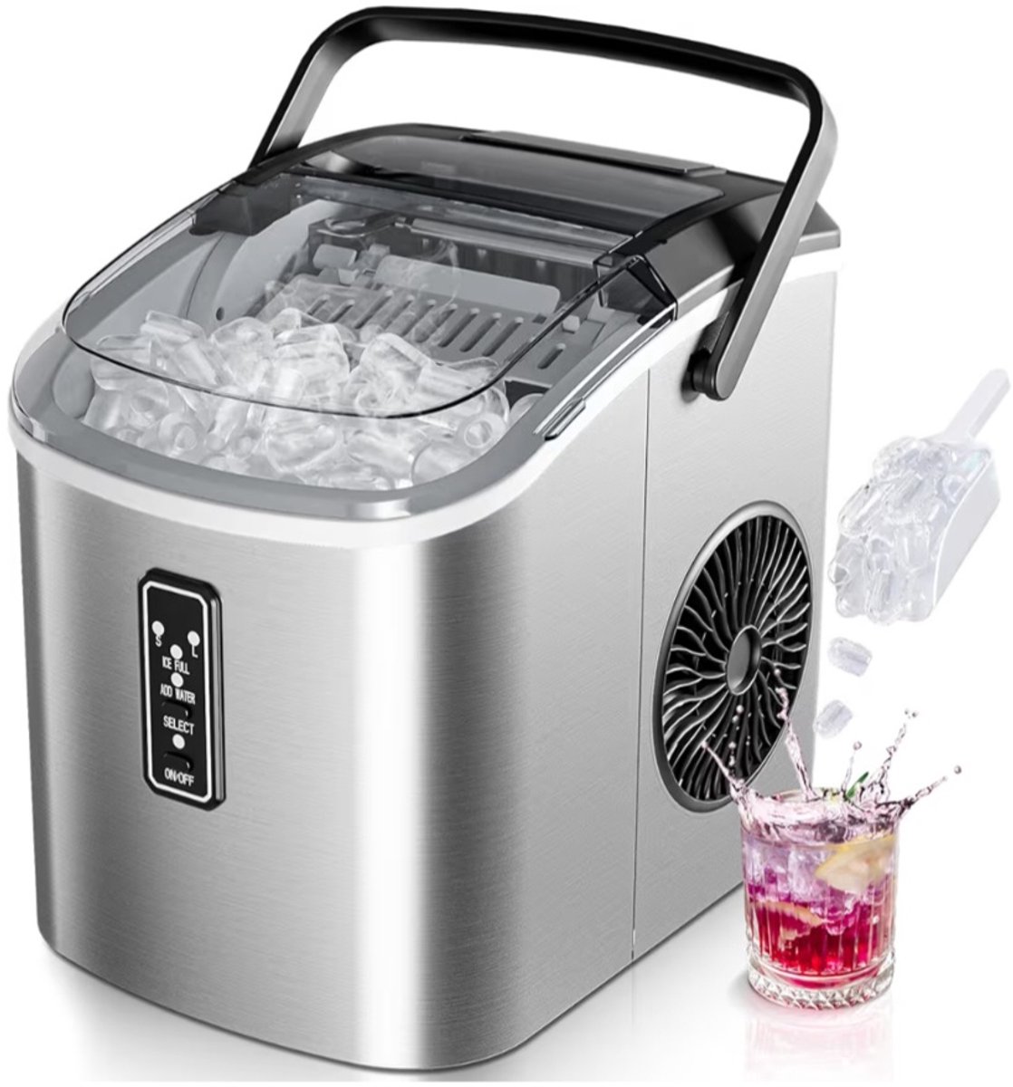 BIXc®- IJsblokjesmachine, 9 ijsblokjes in 6 minuten, 14kg/24H, zelfreinigend, draagbare ijsmachine met draaggreep, mand en schep, 2 maten ijsblokjes, voor thuis, keuken, kantoor, camping.