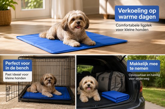 Collage: hond op mat in huis, in bench, en in auto met opgevouwen mat. Tekst: Verkoeling op warme dagen.