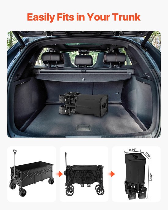 Opvouwbare campingkar 300 liter met grote all-terrain PVC wielen - inklapbare strandkar tuinkar handkar bolderkar - Q235 stalen frame met 600D Oxford PE coating - maximaal 450 lbs draagvermogen - verlengde achterklep - compact opvouwbaar — afbeelding 5