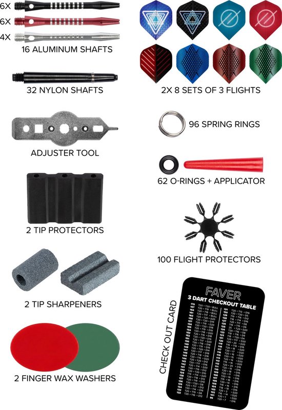 Faver Dart Accessoire Set 363 Stuks - Aluminium/Nylon shafts - Check-out card - Dartset van Faver — afbeelding 2