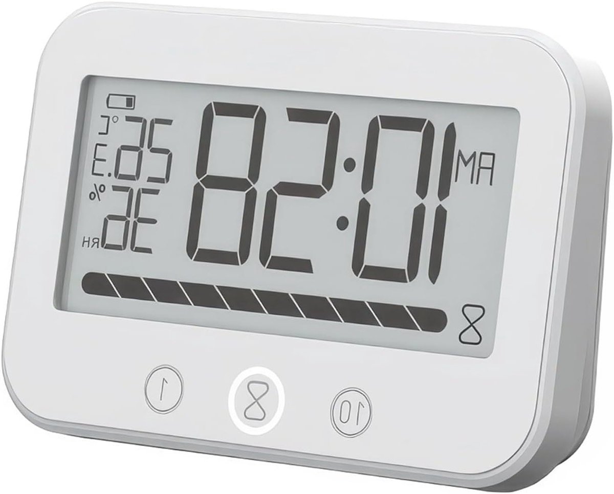 Badkamerklok met thermometer en hygrometer, LCD-display, countdown-timer, voor wandmontage en op tafel, ideaal voor douche en keuken (wit)