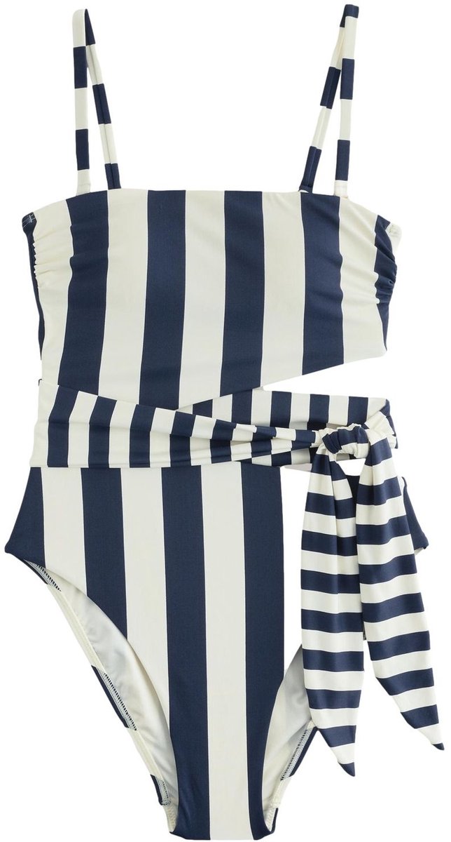 Next Dames - Bandeau-badpak met uitgesneden delen en strikband - Blauw Navy/Cream Stripe