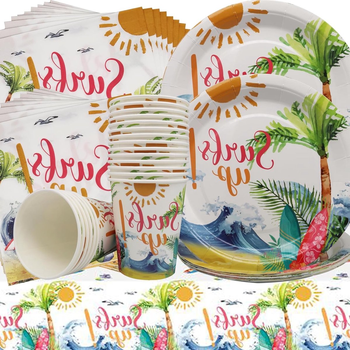 Zomerse Tafelset voor Strandfeesten, 61 Stuks, Papieren Borden, Servetten, Tafellaken, Hawaiian Banquet Decoraties, Verjaardagsfeestjes, Babyshowers, Poolparty's en Tafelaccessoires