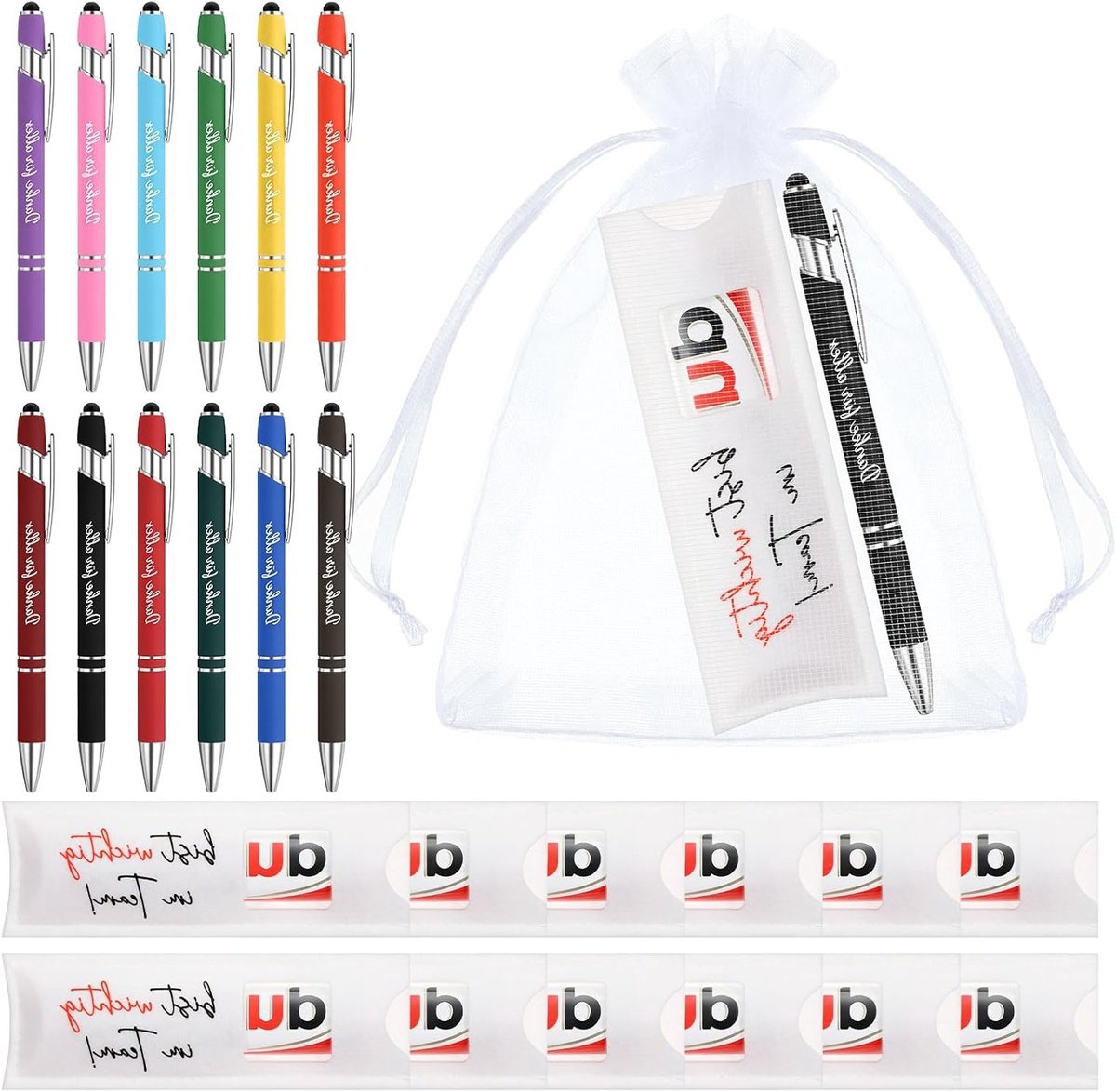 12 Sets Bedankgeschenken Vilt Covers Geschikt voor Duplo Chocolade Balpen met Muslin Pouch, Inclusief Multicolored Pen en Team Motivatie