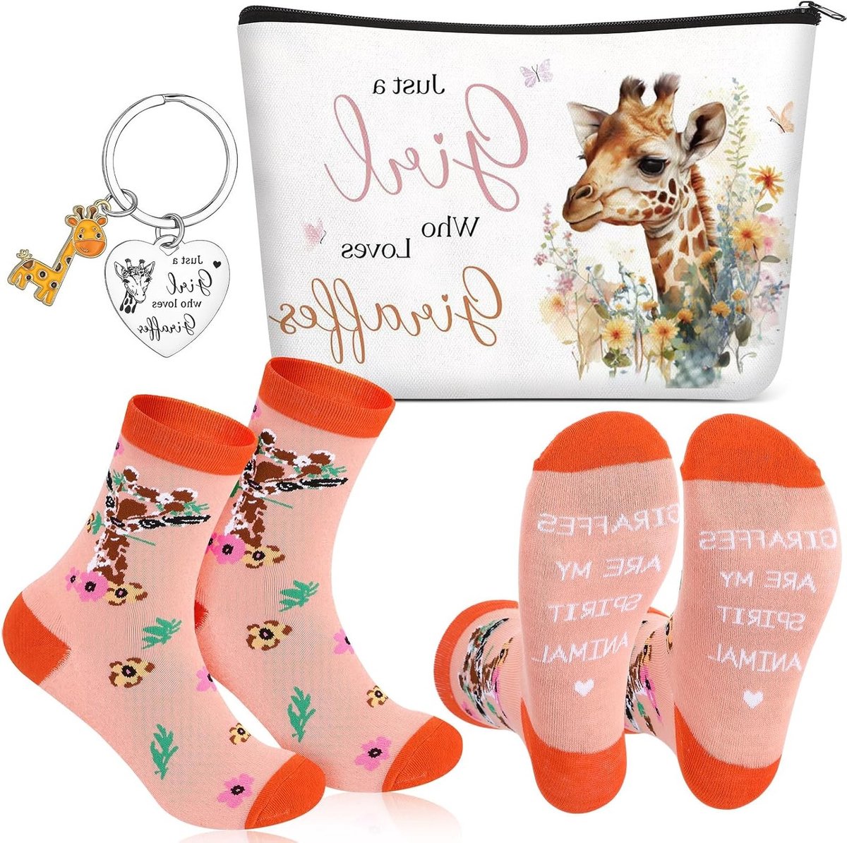Inspirerende Cadeauset voor Vrouwen, 3-delige Cosmetica Tas, Sleutelhanger en Sokken, Dieren Thema Geschenk voor Kerst en Verjaardag