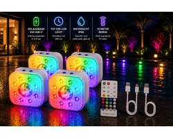 DORSETTO Premium Zwembad Verlichting Set van 4 – Tot 200 Uur Brandduur – IP68 Oplaadbare LED Onderwater Verlichting – Zwembadlampen met Afstandsbediening – RGB Jacuzzi, Spa en Vijver Verlichting – 2026 Model