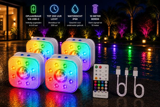 DORSETTO Premium Zwembad Verlichting Set van 4 – Tot 200 Uur Brandduur – IP68 Oplaadbare LED Onderwater Verlichting – Zwembadlampen met Afstandsbediening – RGB Jacuzzi, Spa en Vijver Verlichting – 2026 Model