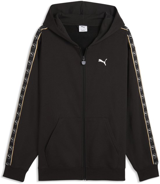 Zwarte Puma hoodie met ritssluiting, logo en gouden/zwarte tape op de mouwen.