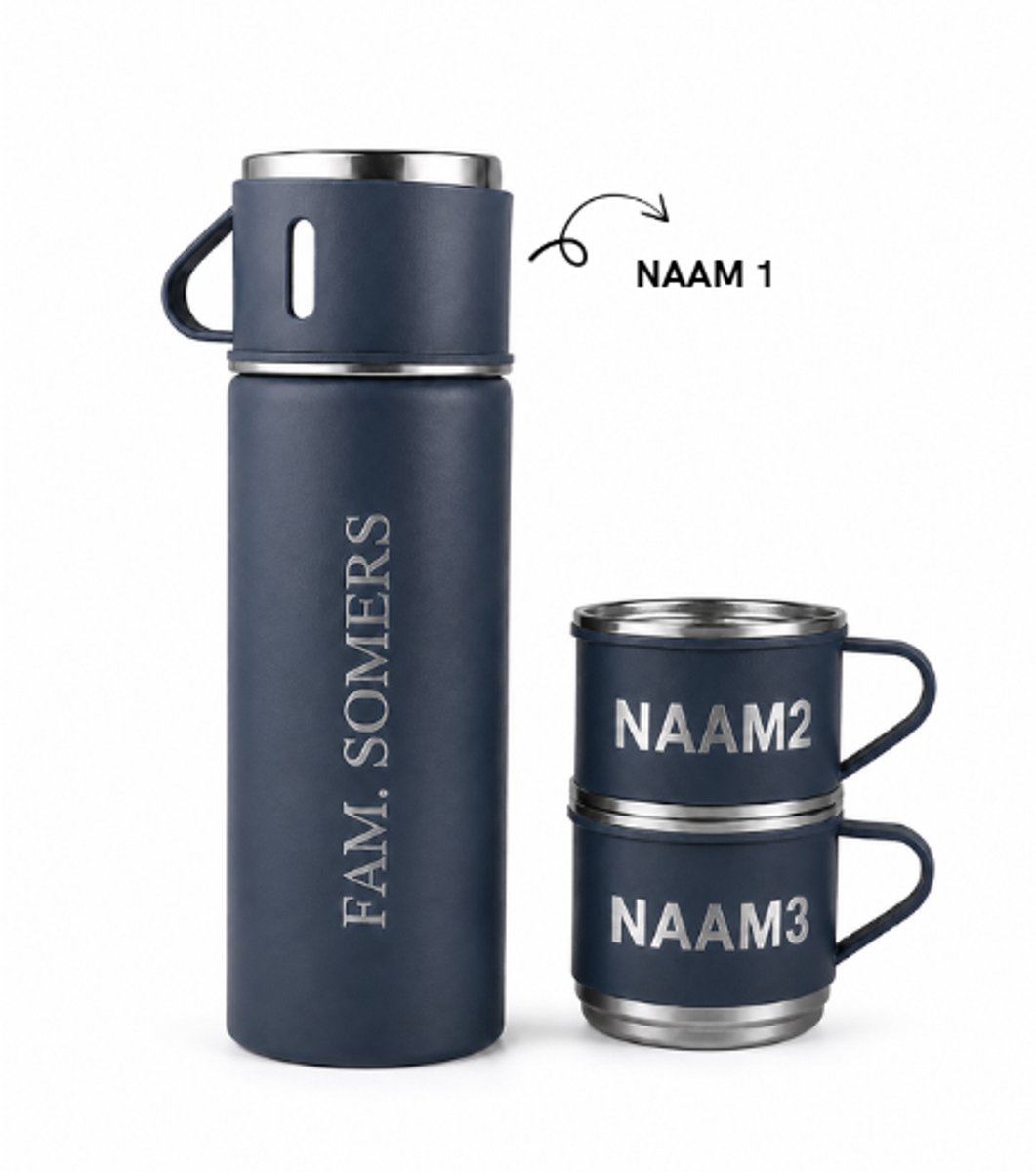 Engravia by Derya – Permanente Gravure Thermosfles Set Met Gegraveerde Bekers – Hoogwaardig RVS – Dubbelwandige Isolatie – Blauwgrijs / Donkerblauw – Cadeau voor Reizen, Werk of Outdoor Gebruik