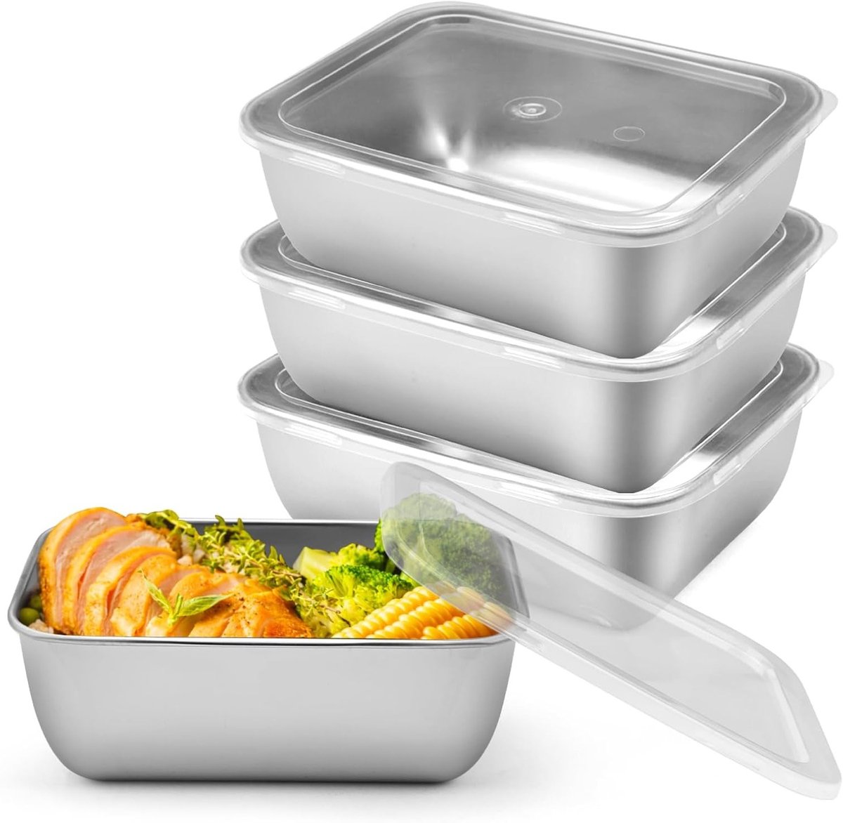 Set van 3 RVS Voedselopslagdozen met Deksel, Stapelbare Boxen voor Vlees, Kaas en Fruit, 13.5x10.5x5.5cm