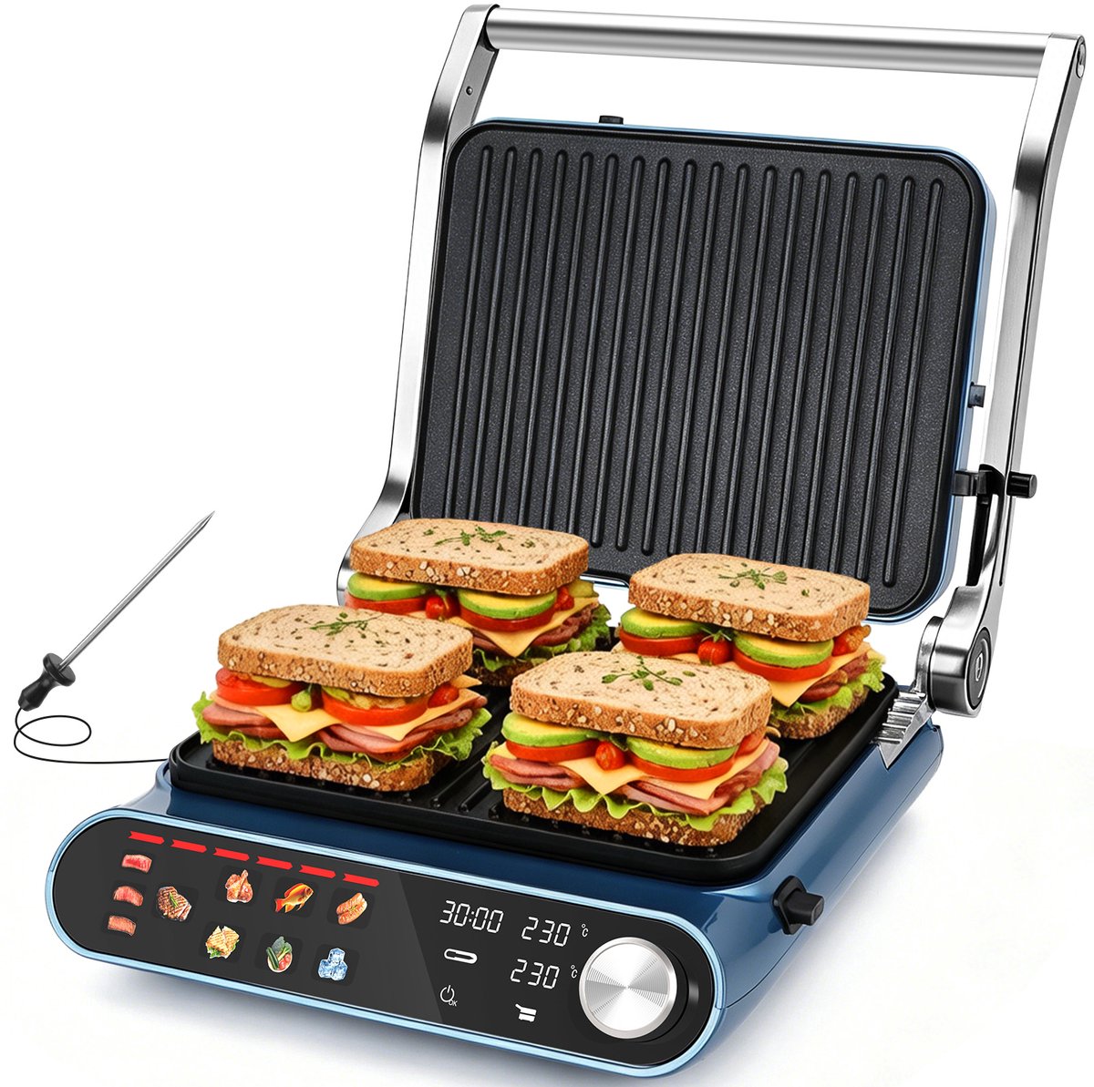Taylor Swoden Pantheon - Contactgrill 2000W - Panini Grill met Touchscreen en Draaiknop - 180° Uitklapbaar - Temperatuursonde - Instelbare Hoogte - Afneembare Grillplaten - 60 min Timer - Dubbele Temperatuurregeling