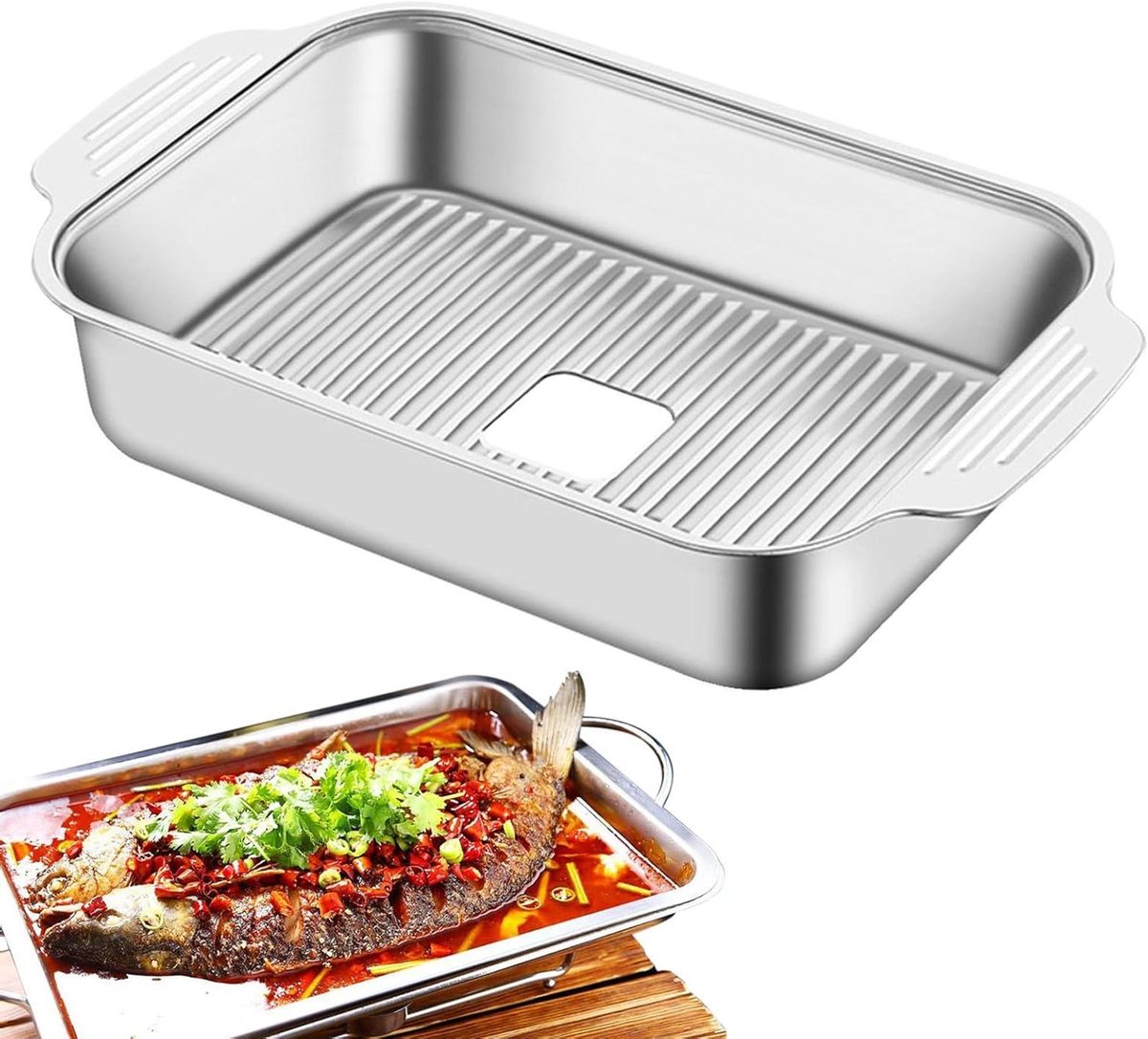 Roestvrijstalen bakplaat - Grillpan vis - Vis grillen - Verhoogde structuur - 413 x 247 x 72 cm - Roestvrijstaal