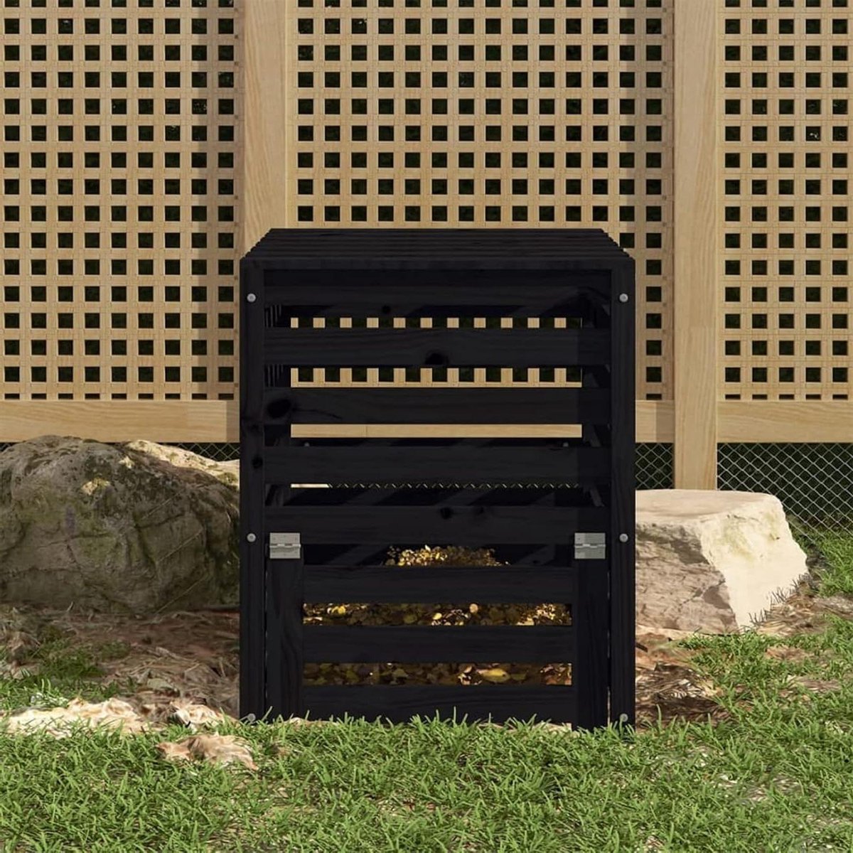 Compostbak Hout - Composteerbak Tuin - Afval Verwerken - Massief Grenenhout - 63.5 x 63.5 x 77.5 cm - Zwart
