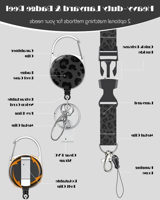 Stijlvolle Badgehouder met Retractable Reel, Carabiner Clip en Afneembare Lanyard voor Werk en Zorgprofessionals - Zwart Luipaardprint en Plastic Behuizing — afbeelding 3