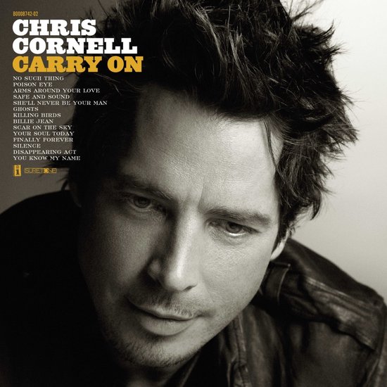 Chris Cornell "Carry On" albumhoes met close-up van zijn gezicht en tracklist.