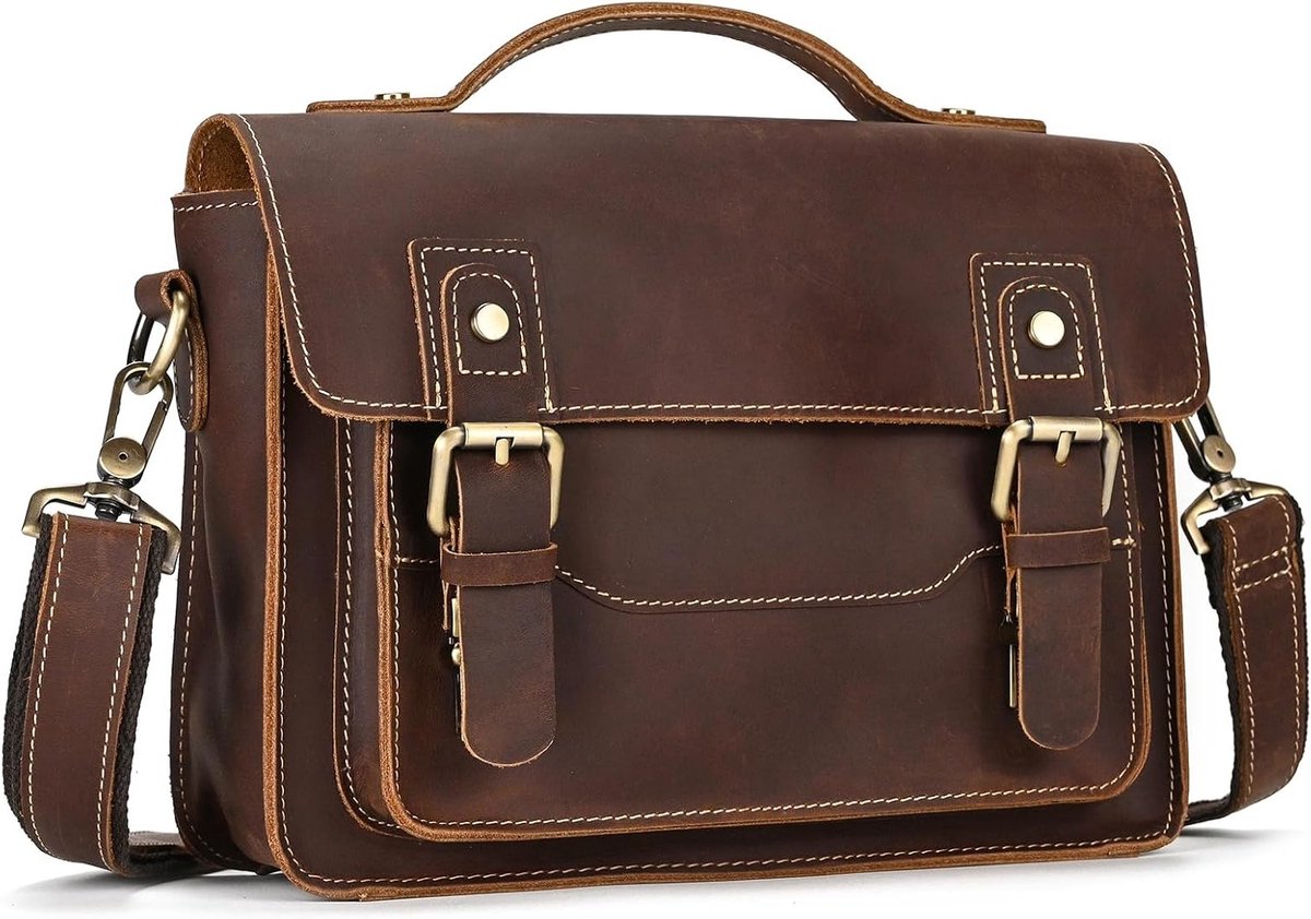 Leren Schoudertas voor Kleine Laptops tot 9.7 Inch, Handige Messenger Bag met Schouderriem, Ideaal als Werk- en Tote Bag in Bruin