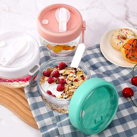 Overnight Oats Containers - Yoghurt Glazen - Ontbijt Voorbereiden - Lekvrij en Draagbaar - 600ml - Wit Roze Cyaan — afbeelding 5