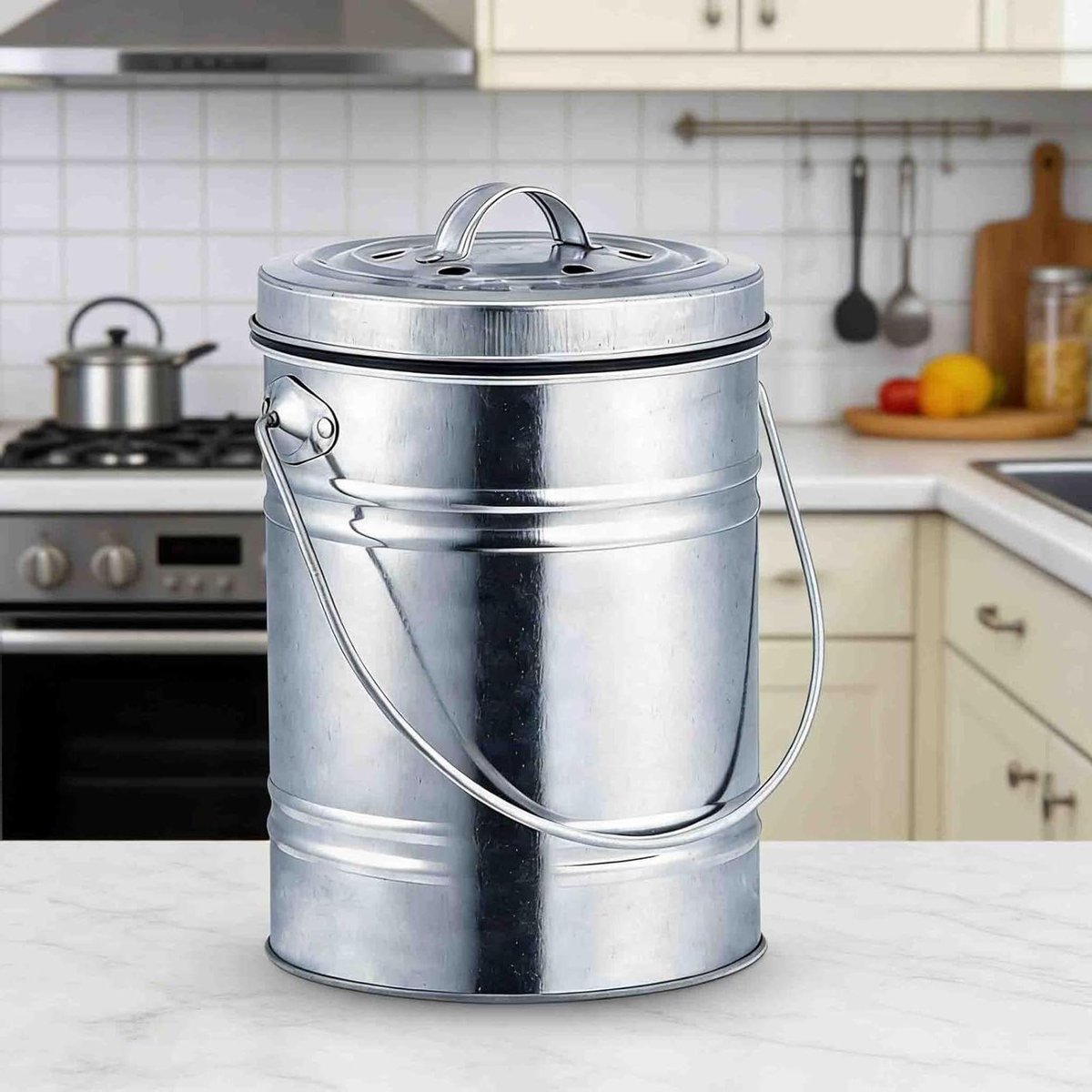 Compostbak Keuken - Afvalbak Aanrecht - Voedselafval Verzamelen - Actieve Koolfiltratie - 3 Liter - Grijs