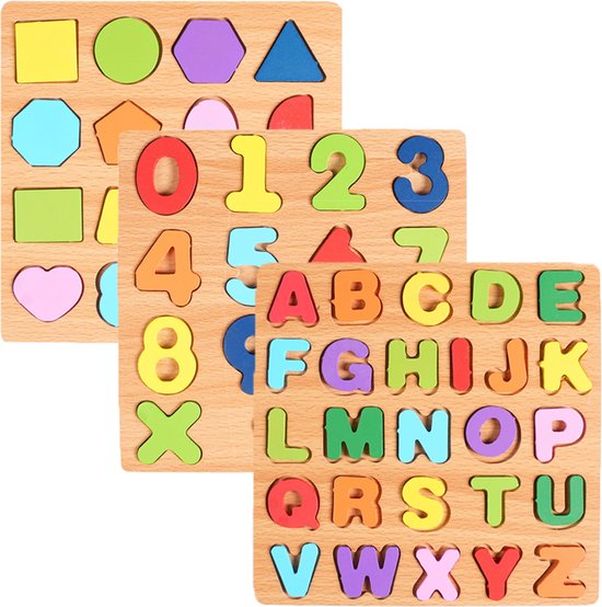 Houten Kinder Puzzel Bundel – Letters & Cijfers & Vormen – Educatieve Legpuzzels voor Kinderen – Montessori alfabet, cijfer en vormen puzzel – Peuter Speelgoed