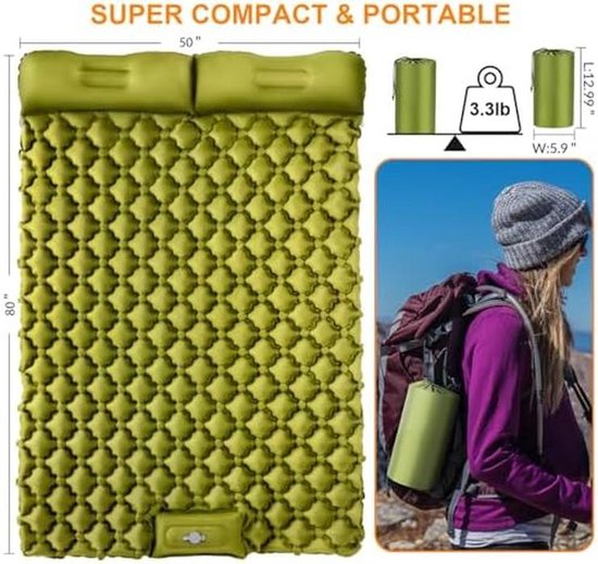 Kampeer Slaapmat - Luchtbed Dubbel - Outdoor Slapen - Ingebouwde Voetpomp - 200x130x10 cm - Leger Geel — afbeelding 2