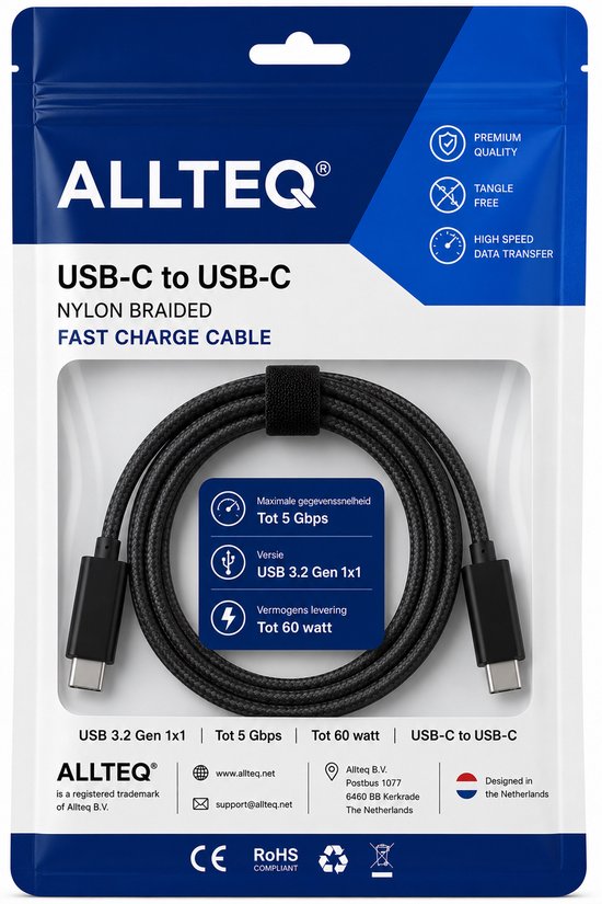 Verpakking van een zwarte, gevlochten USB-C naar USB-C kabel van 1 meter. Met specificaties: 60 watt, 5 Gbps, USB 3.2 Gen 1.
