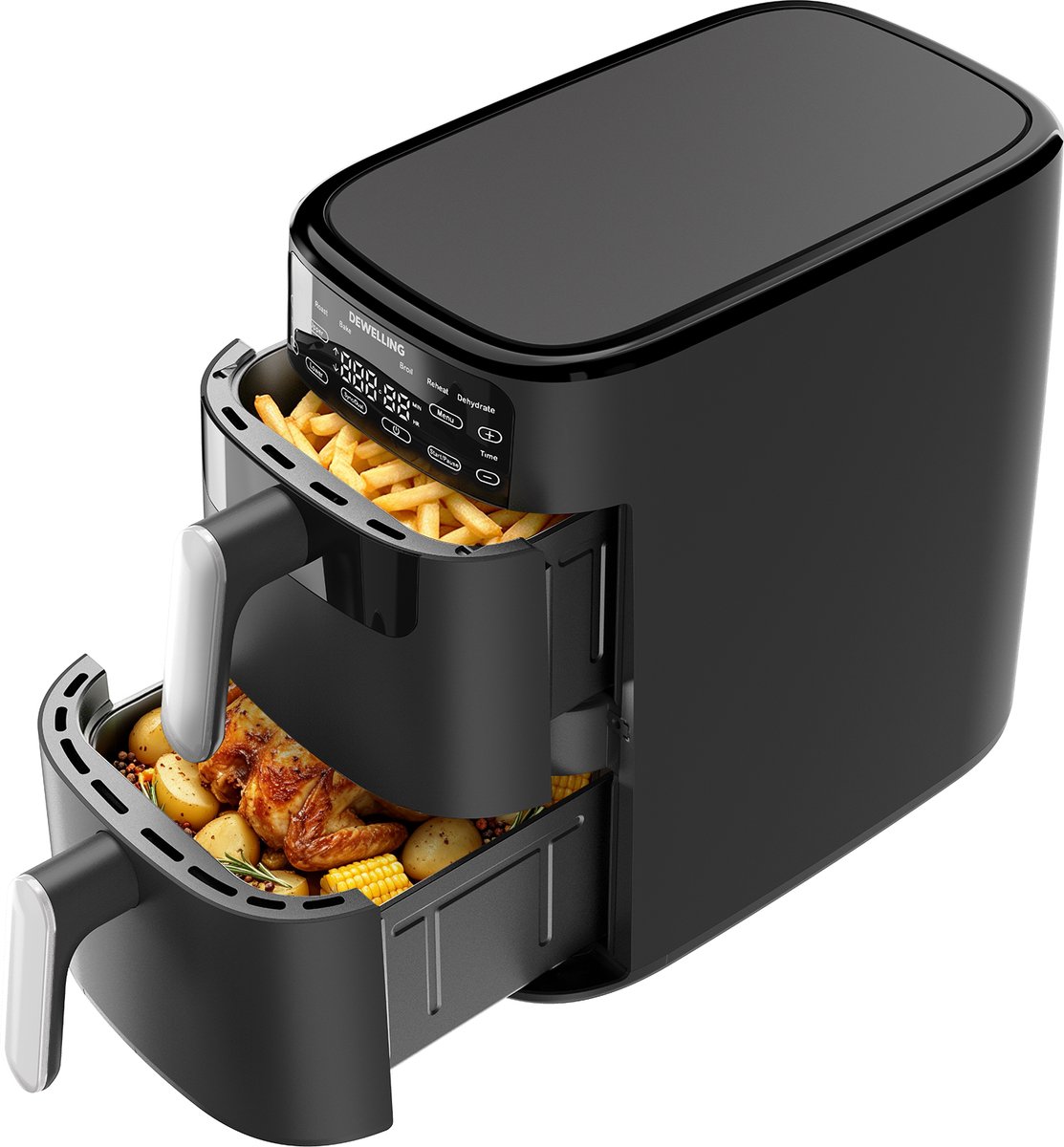 AIMASON ADS5353A Vertical Dual Zone Airfryer - 10L XXL Digitale Heteluchtfriteuse met 2 onafhankelijke manden - 2700W Snelle verwarming - 6 programma's - 30-230°C - Ruimtebesparend ontwerp - Receptenbook