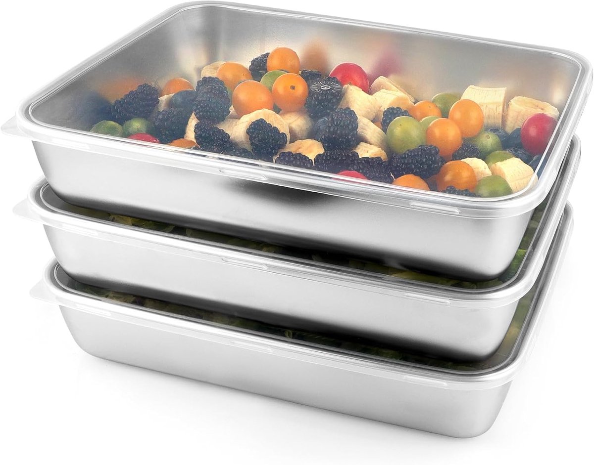 KZQ Roestvaststalen Voedselopslagcontainers Set met Deksel, Diepvriesbestendig, Ovenschaal met Deksel, Magnetron- en Vaatwasserbestendig