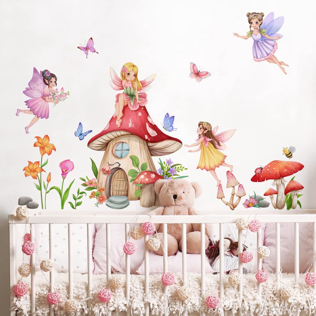 Dailygoody - Fairy Paddestoel Muurstickers - Vlinder Elf Decoratie - Eenvoudig aan te brengen - Kids Kwekerij - Perfect voor Slaapkamer - Vrolijke Muu.