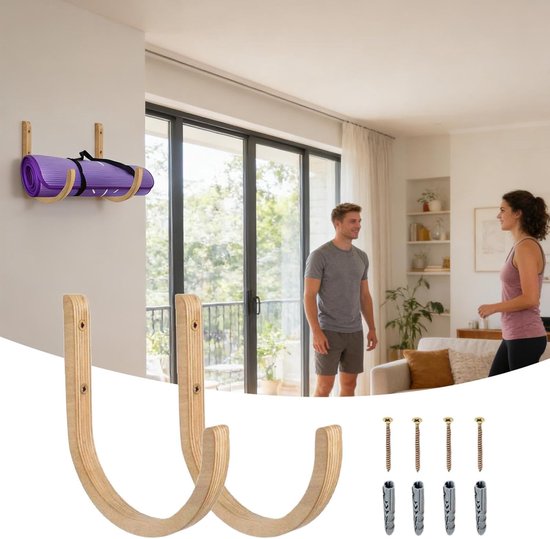 Yogamathouder Hout - Fitness Organizer - Sportspullen Opbergen - Ruimtebesparend Haakontwerp - 28 x 14 x 14 cm - Houtkleur — afbeelding 4