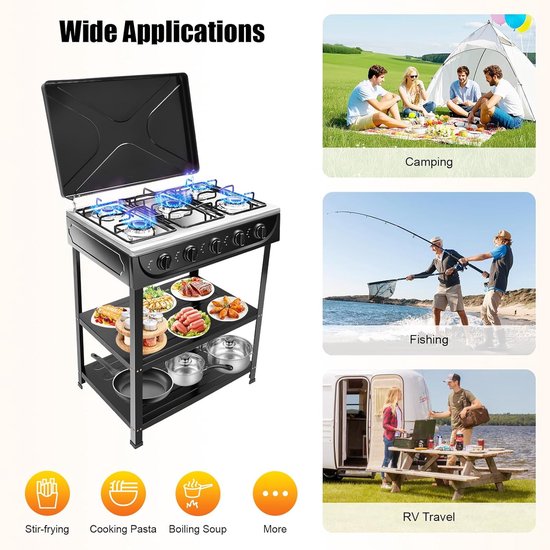 Draagbaar Gasfornuis - Kampeerfornuis - Buiten Koken - Vijf Branders - 64 cm Hoog - Zwart van Draagbaar — afbeelding 3