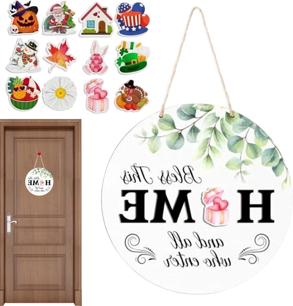 Verwisselbaar Welkom Bord - Ronde Deurdecoratie - Huis Verfraaien - Met 12 Iconen - 32 x 32 cm - Niet gespecificeerd