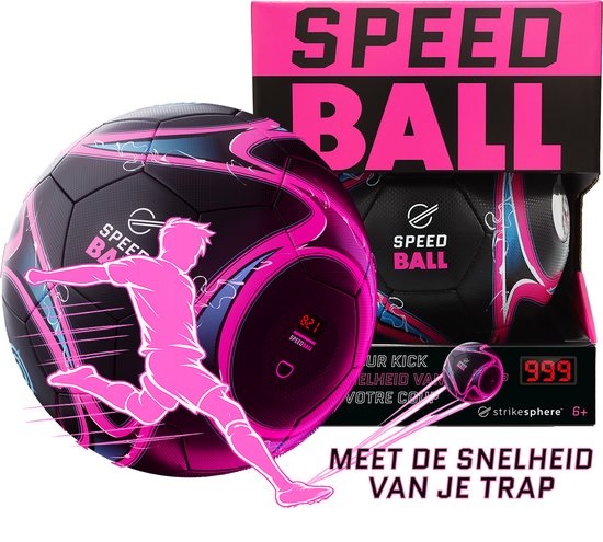 Speed Ball in verpakking met roze silhouet van voetballer die trapt, inclusief tekst 'Meet de snelheid van je trap'.