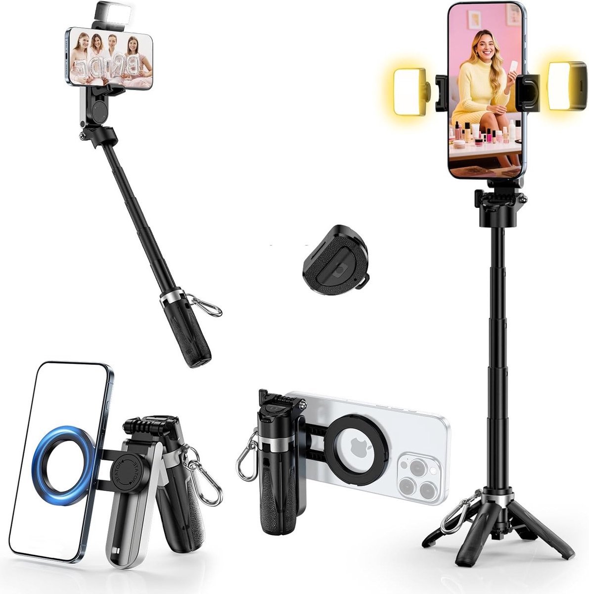 Mini Selfie Tripod met 2 Opvouwbare Verlichtingen, 3-in-1 Pocket Statief met 360° Rotatie en Afneembare Bluetooth Afstandsbediening voor Smartphones