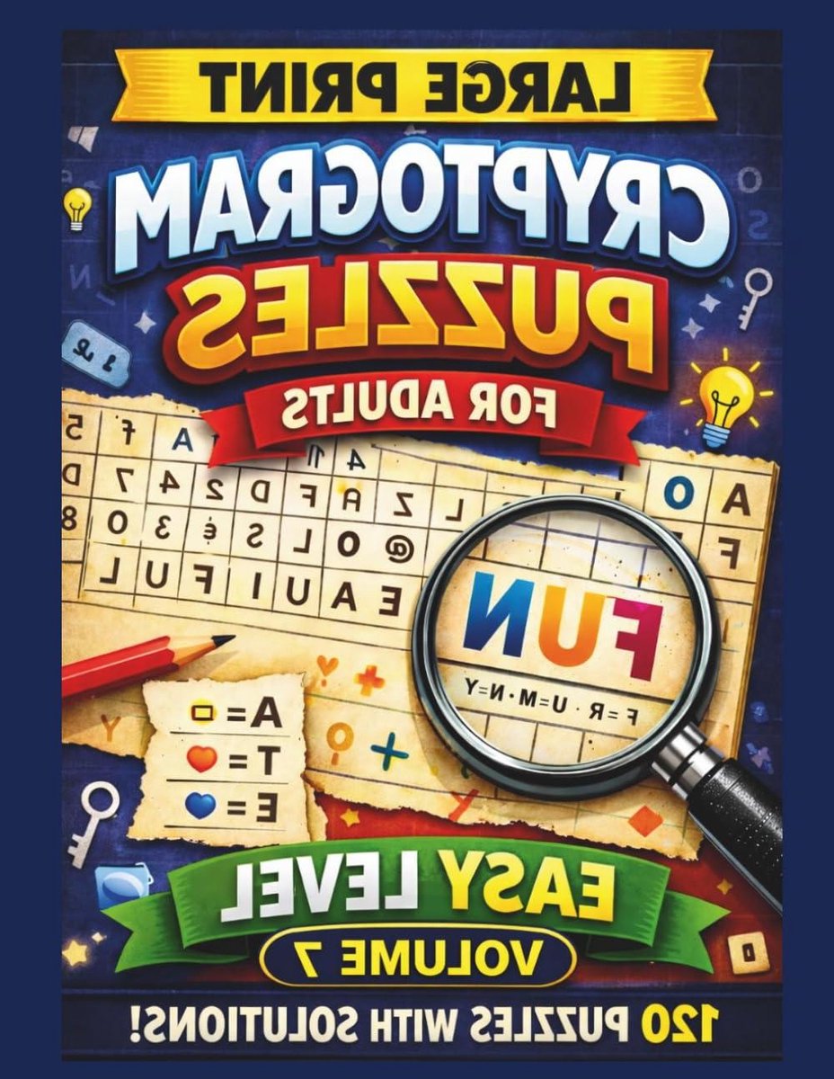 LARGE PRINT CRYPTOGRAM PUZZLES for ADULTS EASY LEVEL VOLUME 7: 120 Easy & Relaxing Brain Games with Solutions for Beginners and Seniors