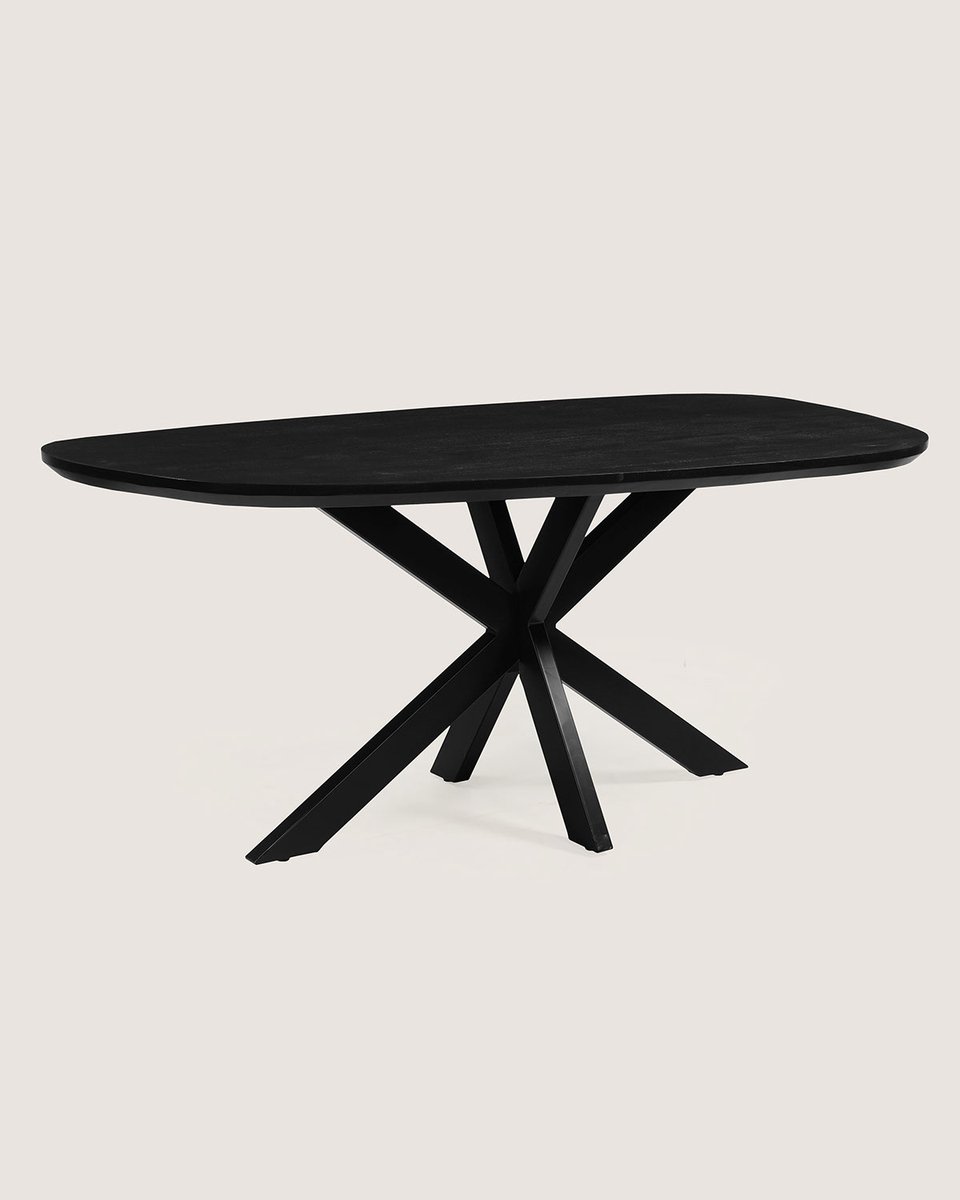 Organische Eettafel 180 cm Mangohout – Zwart – Zwart Metalen Matrix Onderstel – Modern Design – 4-5 Personen