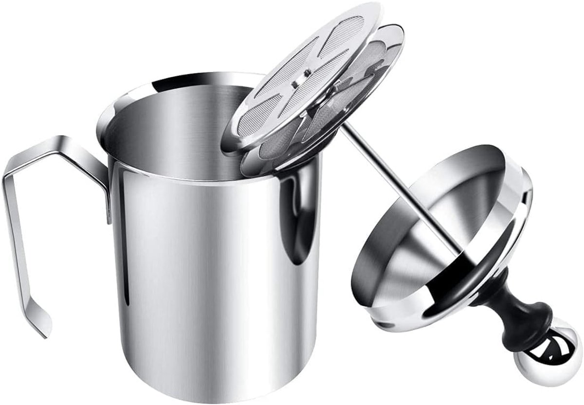Melkschuimer, handmatig roestvrijstalen melkschuimapparaat met dubbel schuimscherm, geschikt voor cappuccino, koffie, latte en warme chocolademelk (400ML)