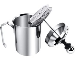Melkschuimer, handmatig roestvrijstalen melkschuimapparaat met dubbel schuimscherm, geschikt voor cappuccino, koffie, latte en warme chocolademelk (400ML)