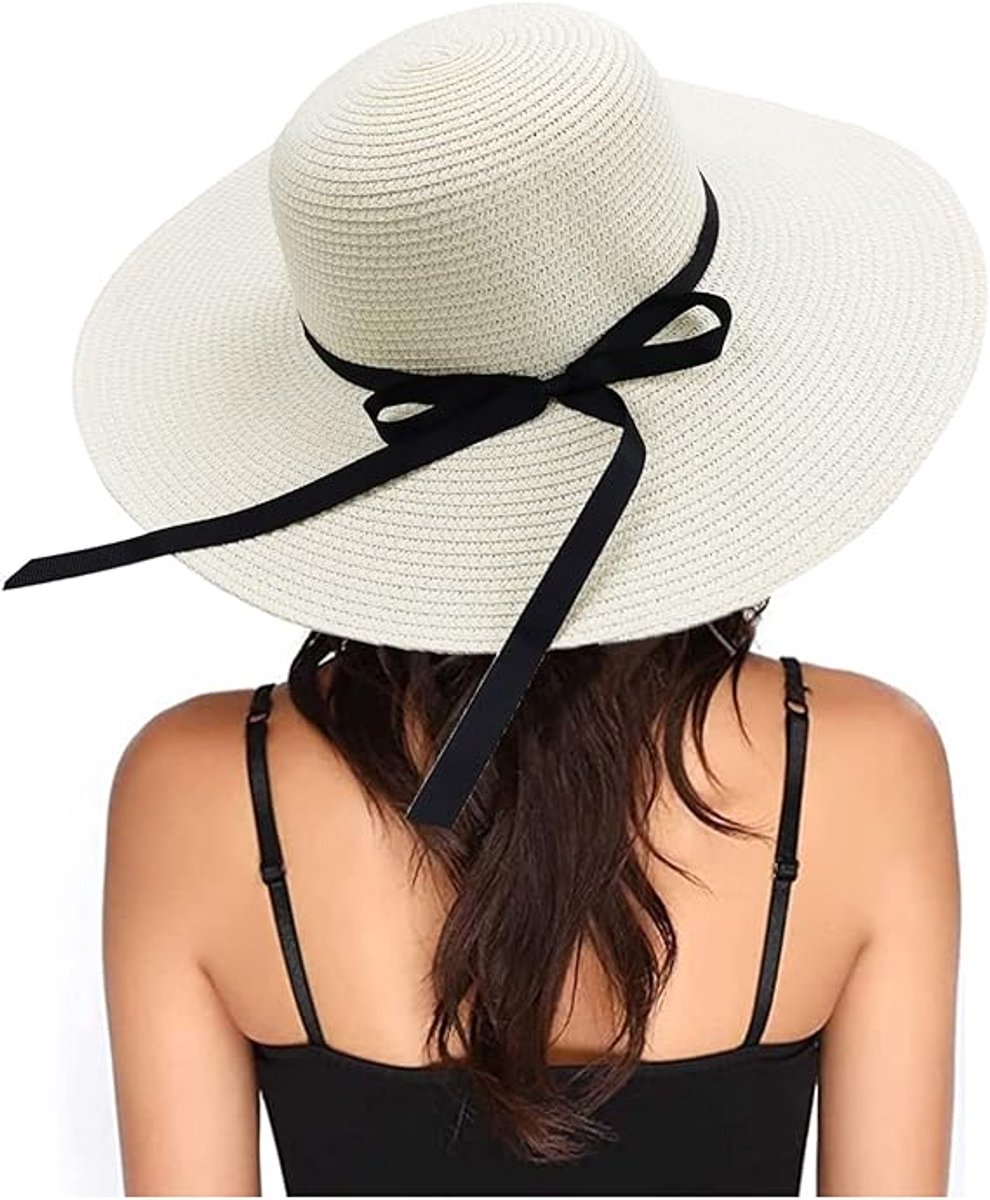 VHV-Premium Zonnehoed Dames - UPF 50+ UV-bescherming Strooien Hoed - Brede Rand met Elegante Strik - Opvouwbare Strandhoed voor Vakantie en Reizen - Naturel Beige